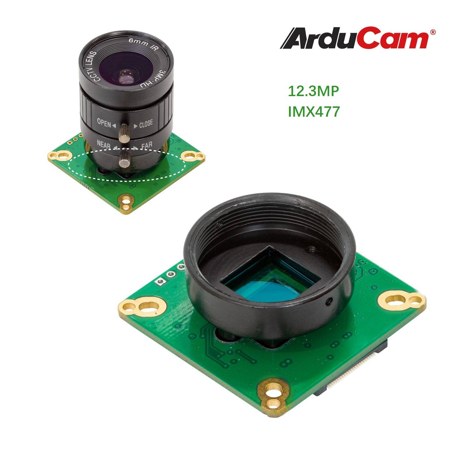 Kamerový modul s krytom a šošovkou, 12,3 MP, snímač IMX477 od ArduCam. Vhodný pre vysoko rozlíšené obrazové aplikácie.