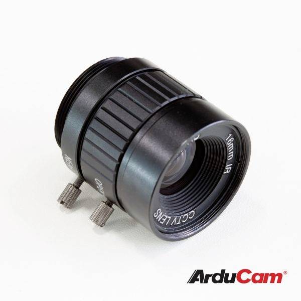 Objektív pre kamerové systémy, čierne telo, s nápisom '16mm 1/1.8'' a 'ArduCam', vhodný pre CCTV a infračervené snímanie.