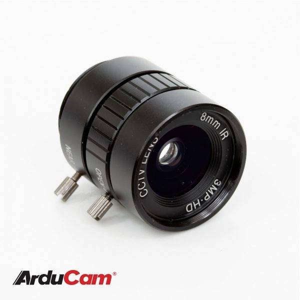 Malý čierny objektív kamery CCTV s logom 'ArduCam', vhodný pre monitorovacie systémy.