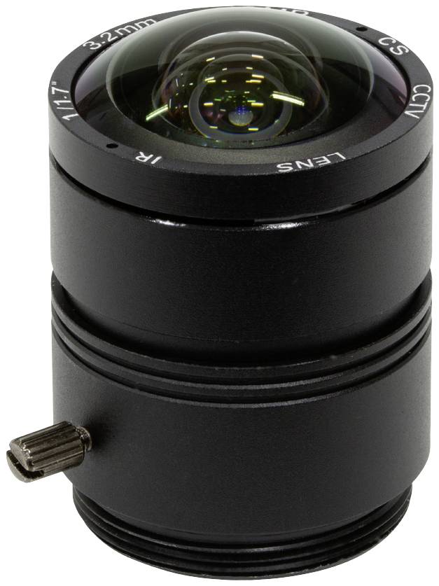 Čierna CCTV šošovka s ohniskovou vzdialenosťou 35 mm a svetelnosťou f/1.7, zobrazená na bielom pozadí.