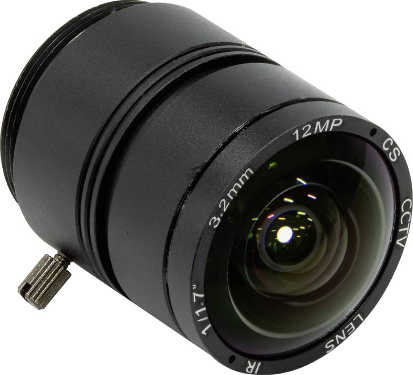 Čierna CCTV šošovka s nápisom '12MP, 3.2mm, IR' leží stranou. Má malý kovový držiak po boku.