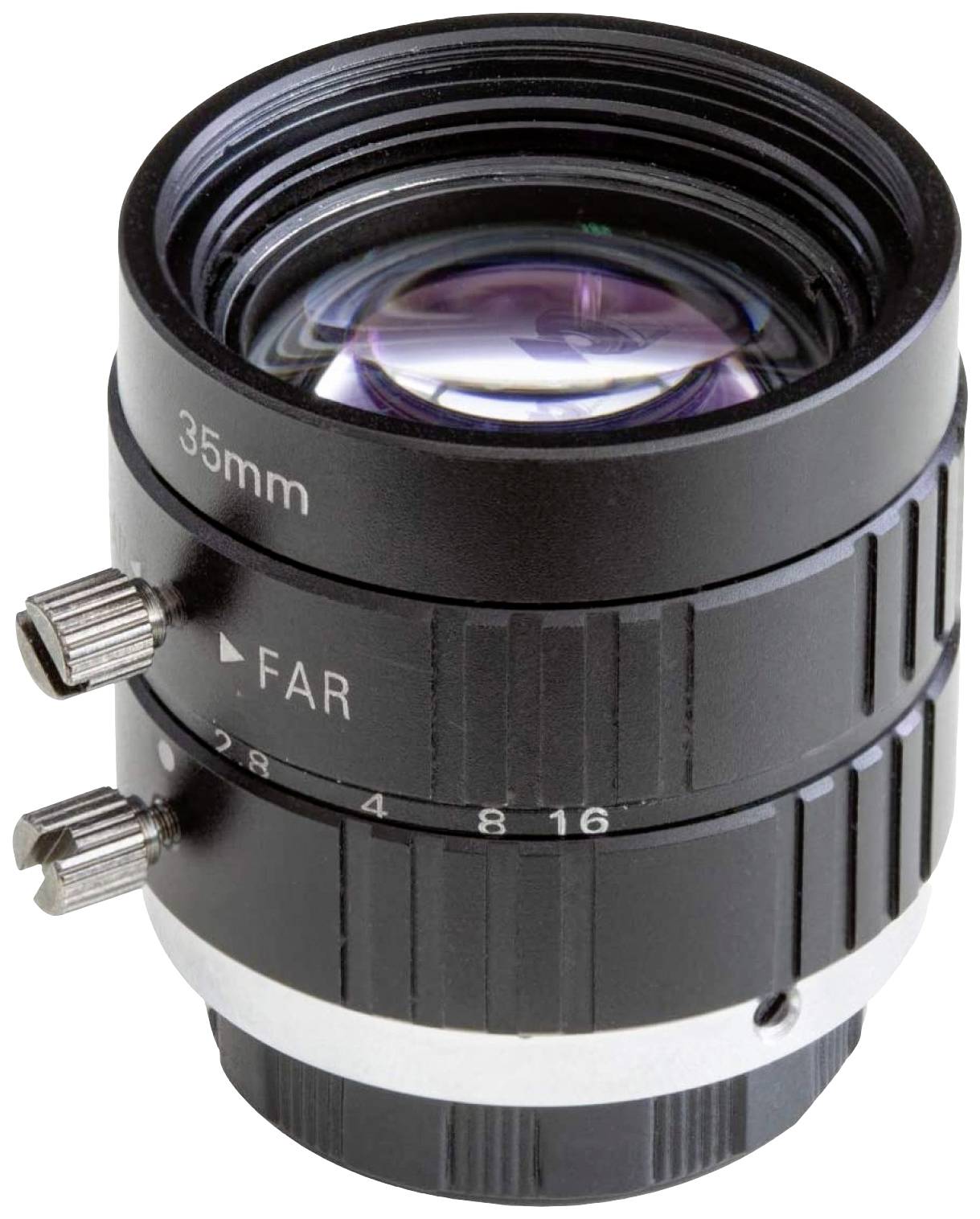 Čierna fotografická šošovka s ohniskovou vzdialenosťou 35 mm. Vybavená zaostrovacím a clonovým prsteňom; viditeľné označenia 'FAR' a čísla 2-16.