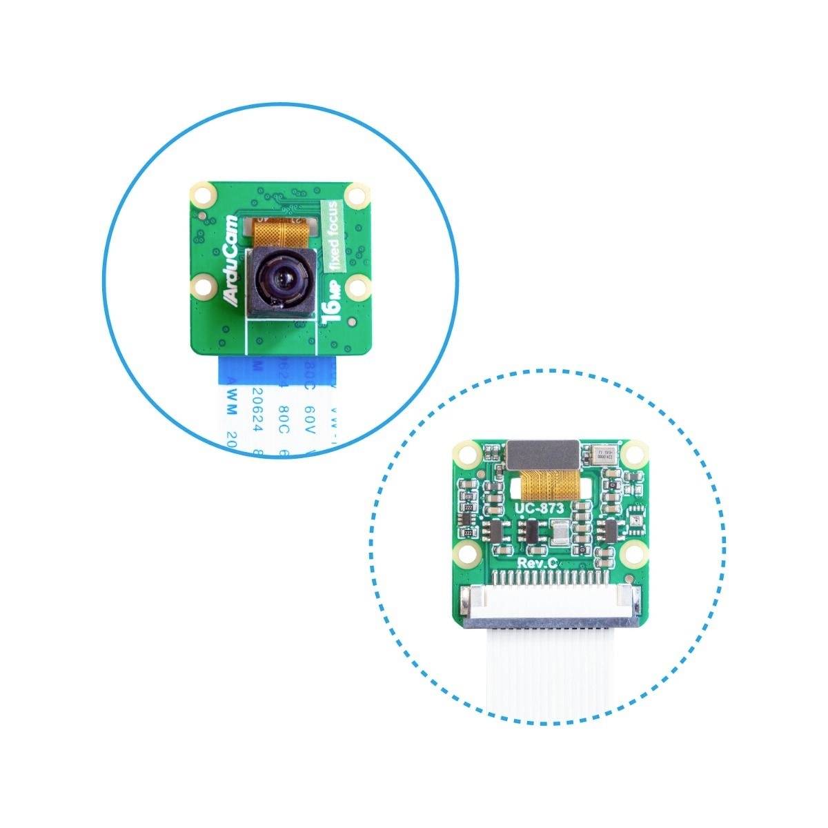 Kamera modul 'Raspberry Pi' s nápisom 'ArduCam', pohľad spredu aj zozadu. Modul zobrazuje objektív a elektronické konektory.