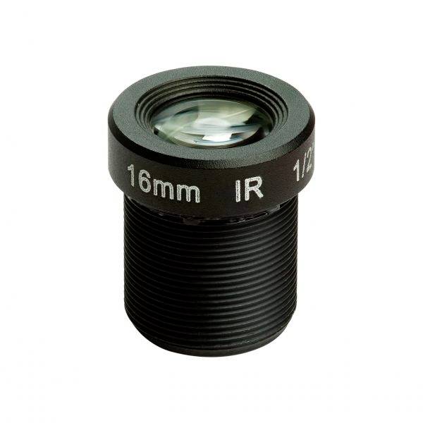 Čierne objektív kamerového modulu s nápisom '16mm IR 1/2'. Vhodné pre infračervené snímky.