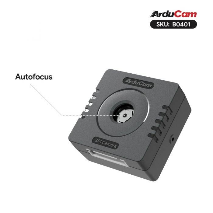 Autofókusová SPI kamera od ArduCam, model B0401, s vyzdvihnutou funkciou automatického zaostrovania.