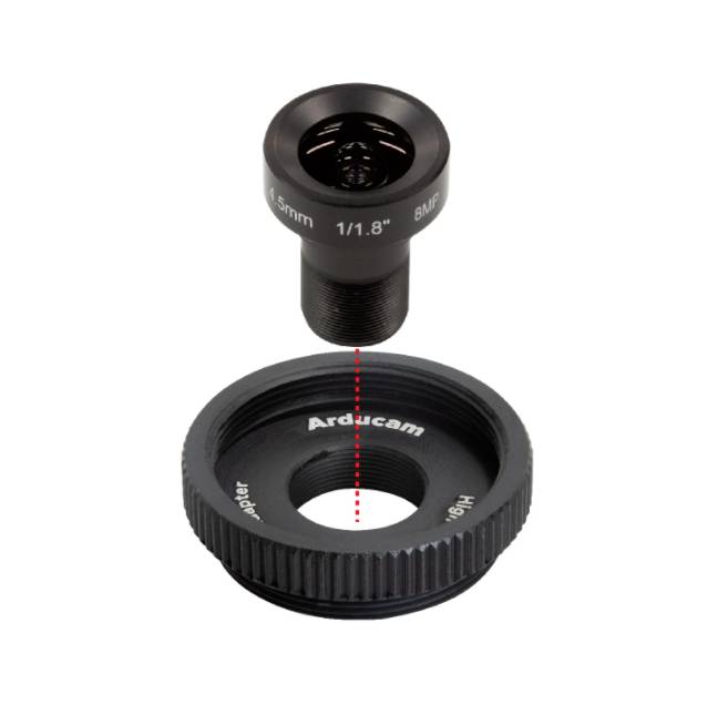 Objektív s šošovkou a adaptérom od Arducam. Šošovka je označená '3,5 mm, 1/1,8", 8 MP', adapter je označený 'Arducam adaptér'.