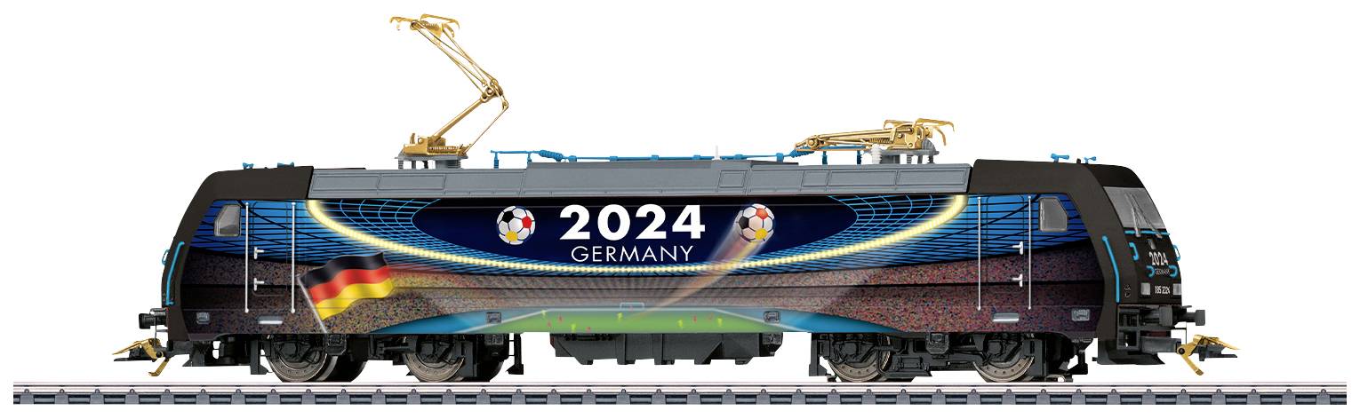Lokomotíva s dizajnom pre Majstrovstvá Európy vo futbale 2024 v Nemecku, ozdobená nápisom '2024 GERMANY' a nemeckou vlajkou.