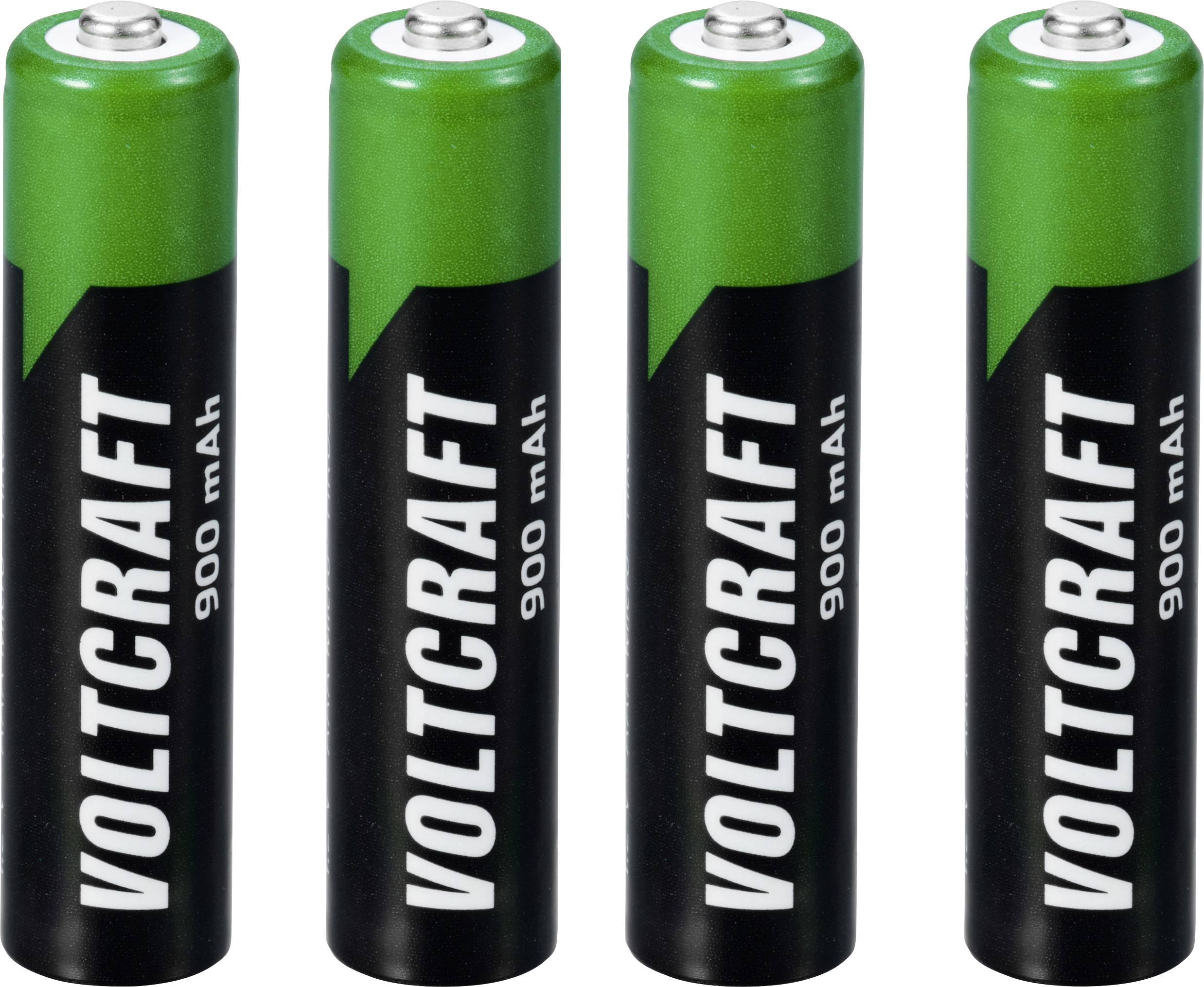 Štyri čierne batérie AA s zelenými hornými časťami a nápisom 'VOLTCRAFT 900 mAh'.