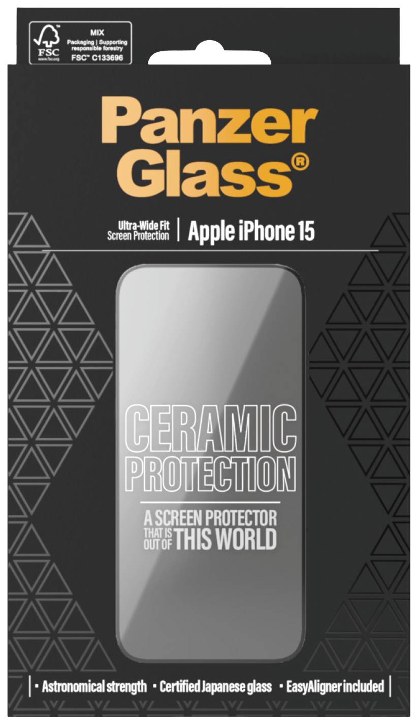 PanzerGlass ochranný obal displeja pre iPhone 15 s nápisom 'Keramická ochrana' a 'Astronomická pevnosť', logo FSC v ľavom hornom rohu.