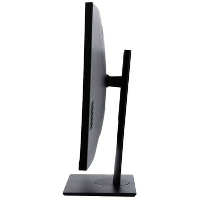 Pohľad z boku na plochý, čierny počítačový monitor s elegantným, štíhlym stojanom, ktorý pôsobí moderne a minimalisticky.