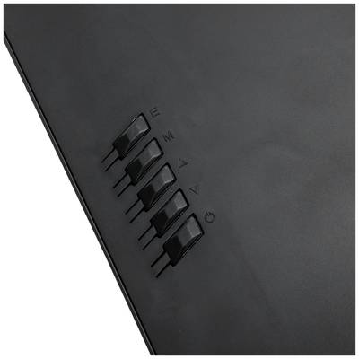 Detailný záber piatich čiernych tlačidiel na boku zariadenia, usporiadaných vo zvislej línii, označených písmenami 'E', 'M', 'V' a šípkou.