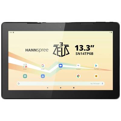 Tablet s veľkou obrazovkou zobrazuje úvodnej obrazovky s ikonami aplikácií. Hore je napísané 'Hannspree Zeus 13.3" SN14TP6B'.