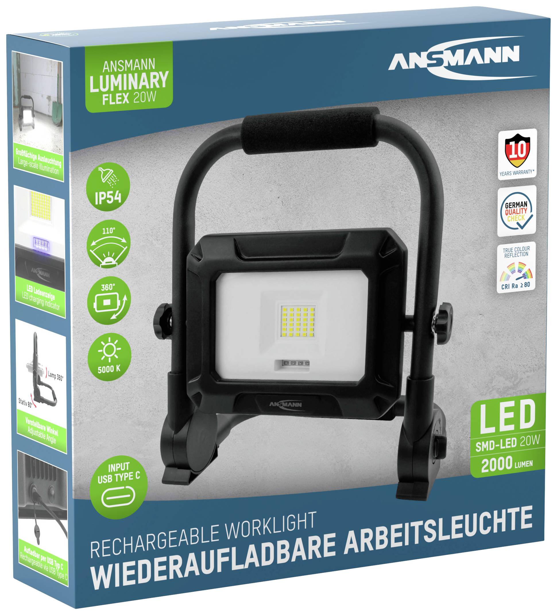 ANSAMANN Luminary Flex 20W LED SMD pracovná lampa<br><br>Charakteristiky:<br>- IP54 stupeň krytia<br>- 360° otočná<br>- USB-C nabíjanie<br>- 2000 lumenov<br>- 10 rokov záruky