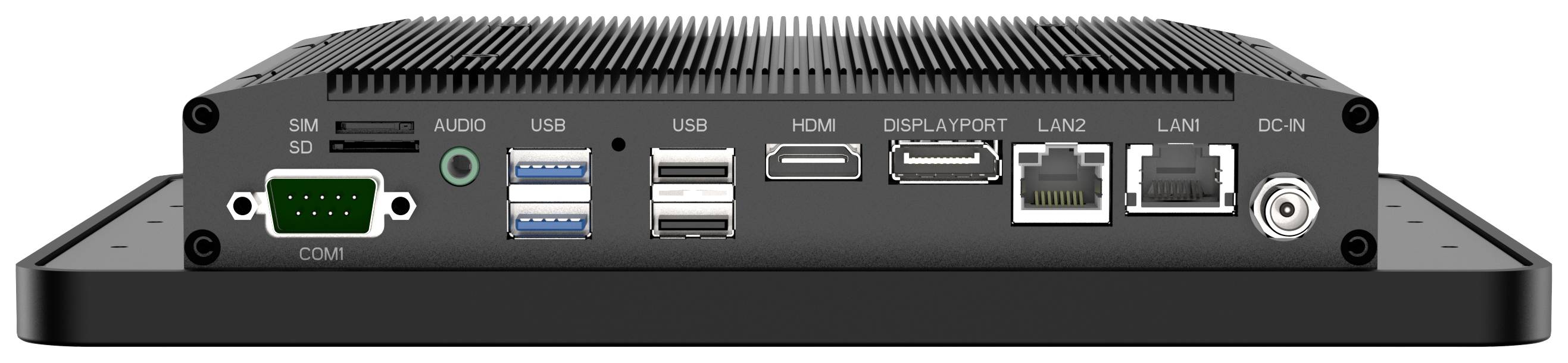 Priemyselný počítač bez ventilátora s konektormi ako audio, USB, HDMI, DisplayPort, LAN a napájanie.