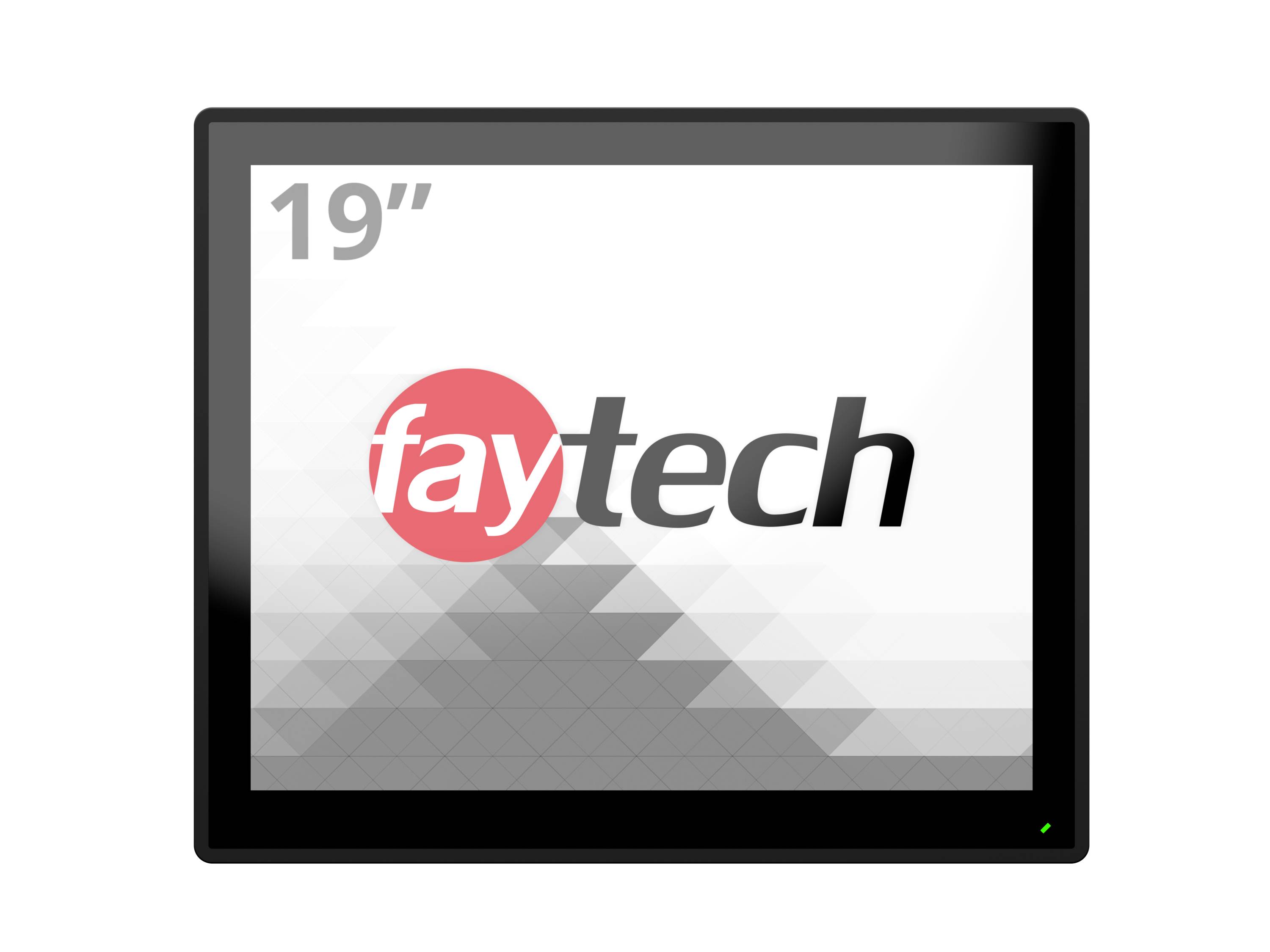 19-palcový monitor od spoločnosti Faytech s logom a sivým geometrickým vzorom na obrazovke.
