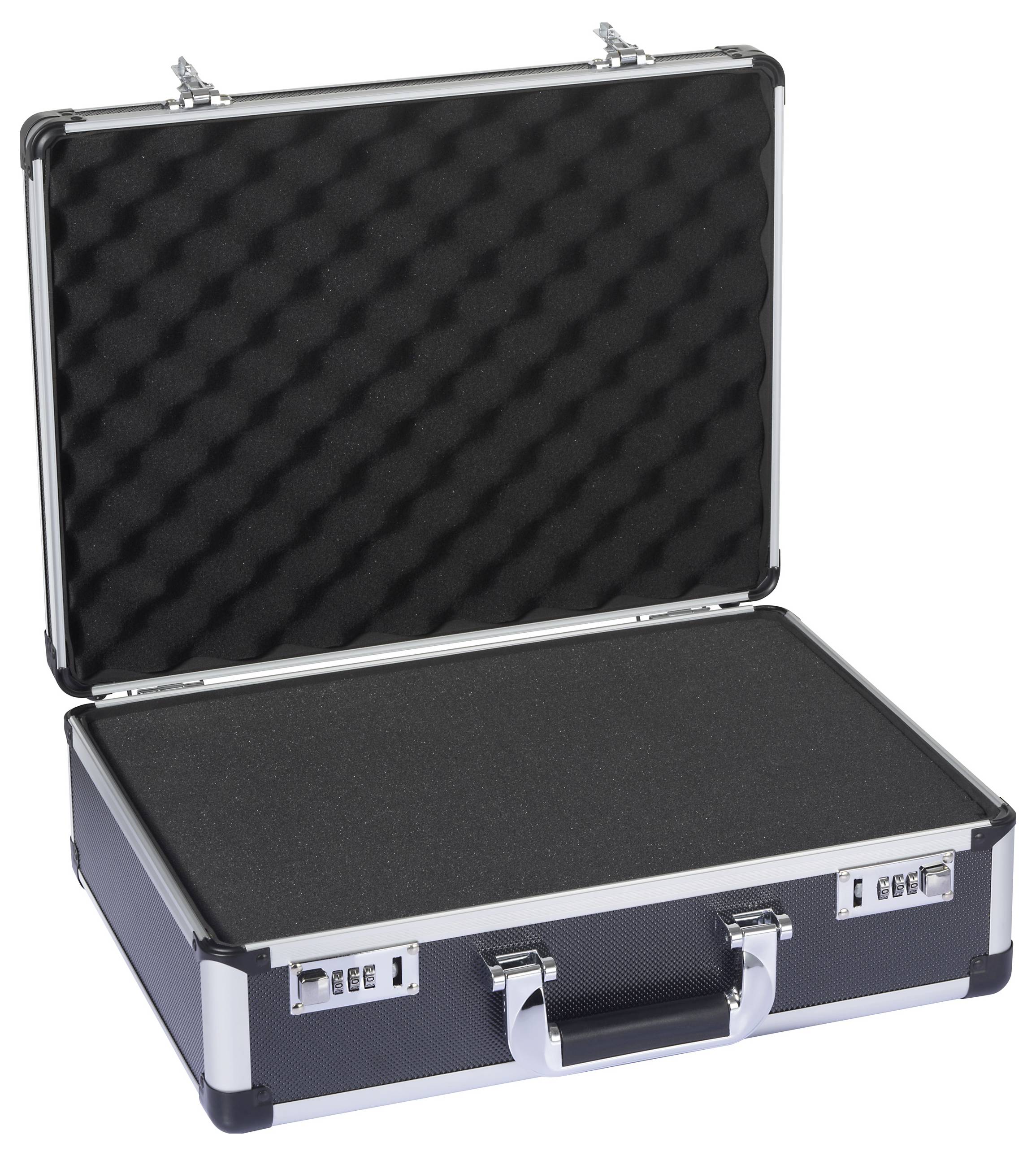 Otvorený prázdny čierny kufrík s penovou výstelkou.