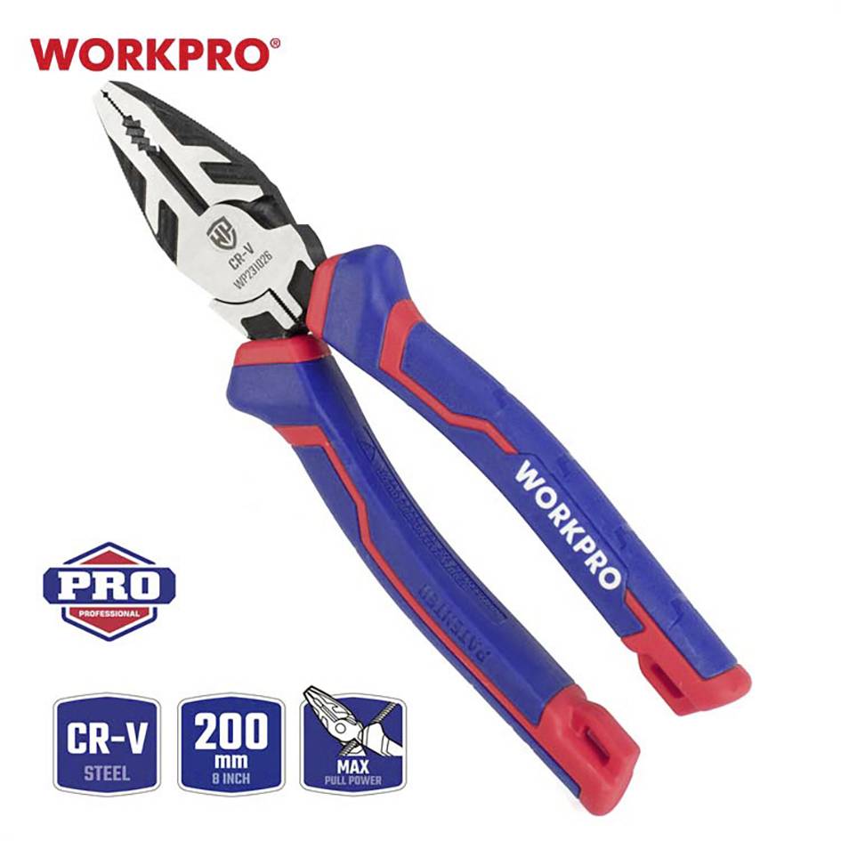 Kombinačky Workpro v modro-červenej farbe s protišmykovými rukoväťami, vyrobené z ocele CR-V, dlhé 200 mm, ideálne pre maximálnu silu uchopenia.