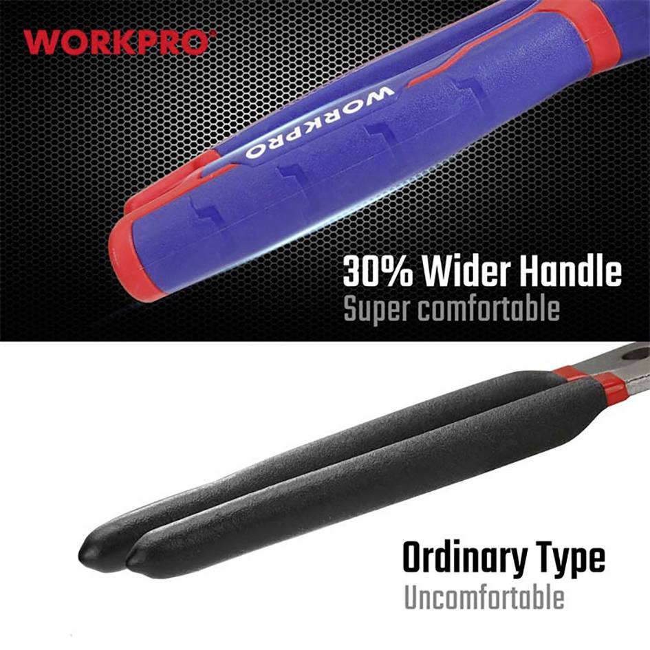 'WORKPRO' kliešte s modrým úchopom hore, o 30% pohodlnejšie; dole čierne kliešte, menej pohodlia. Porovnanie typov úchopov.