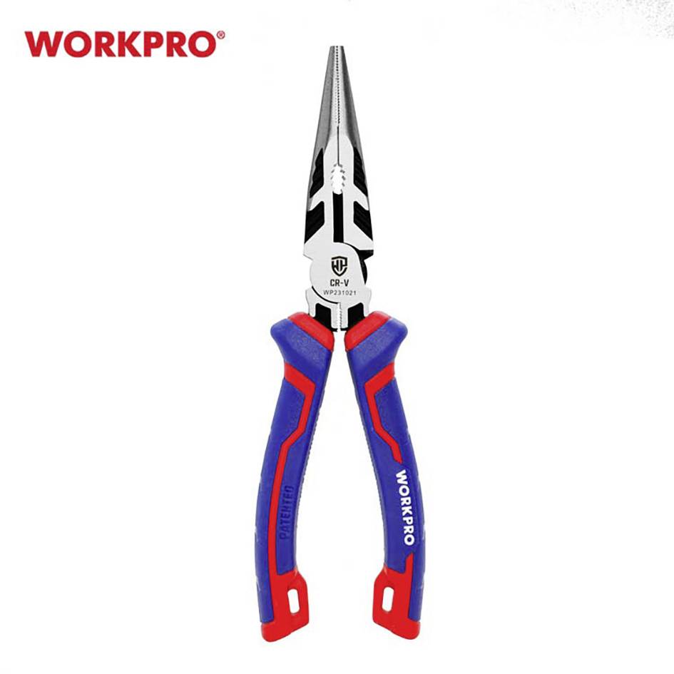 Kliešte s modro-červeným držadlom, s vyznačenou značkou WORKPRO a modelovým číslom CR-V P001001, na bielom pozadí.