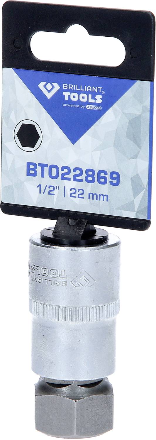 Adaptér na nástrčkový kľúč od 'Brilliant Tools', model BT022869, veľkosť 1/2" a 22 mm. Balený s modro-bielou etiketou.