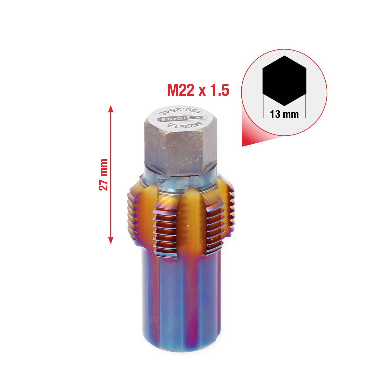 Farebný čistiaci alebo opravárenský nástroj na závity M22 x 1,5 s dĺžkou 27 mm a šesťhranným tvarom 13 mm.