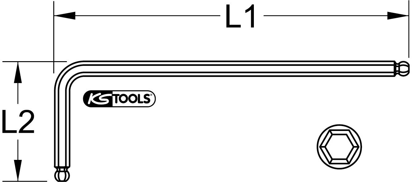 'Ilustrácia L-tvarového imbusu s logom KS Tools. Popisy 'L1' a 'L2' znázorňujú rozmery ramien.'