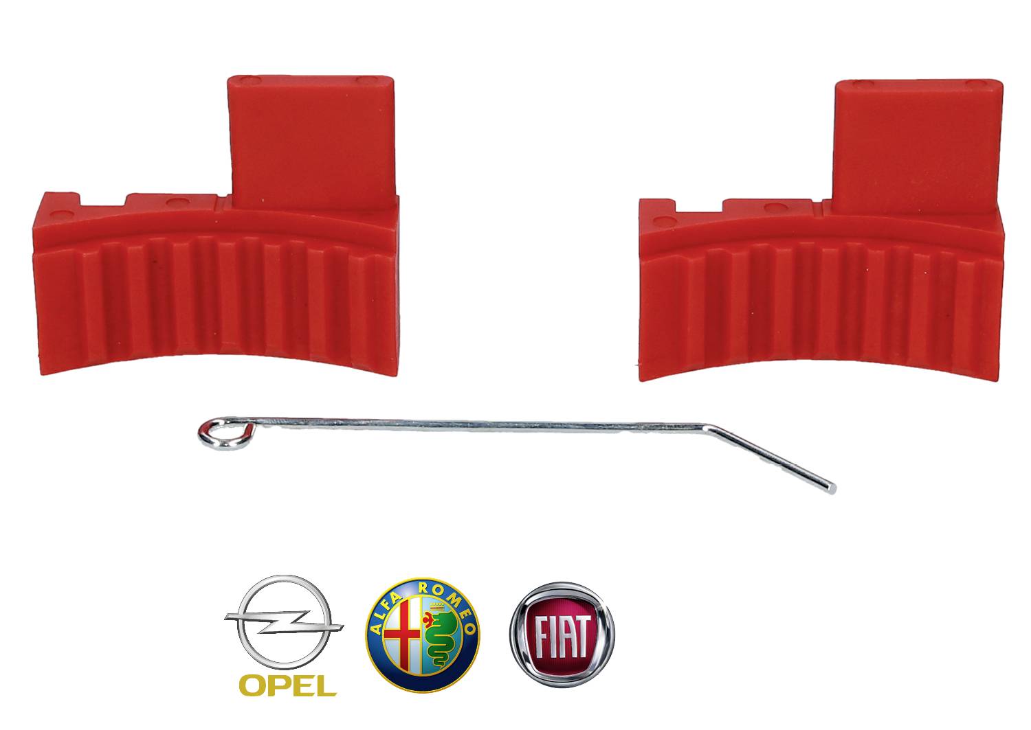 Červené súčasti nástrojov a kovová tyč pred logami Opel, Alfa Romeo a Fiat, pravdepodobne pre údržbu alebo opravu motorových vozidiel.