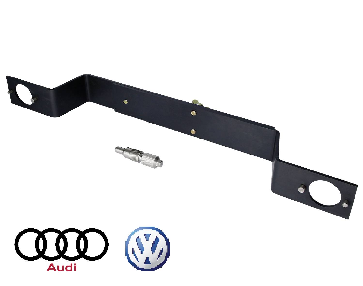 Čierne kovové náradie určené na nastavenie alebo opravu vozidiel značiek Audi a Volkswagen, zobrazené s logami výrobcov pod ním.