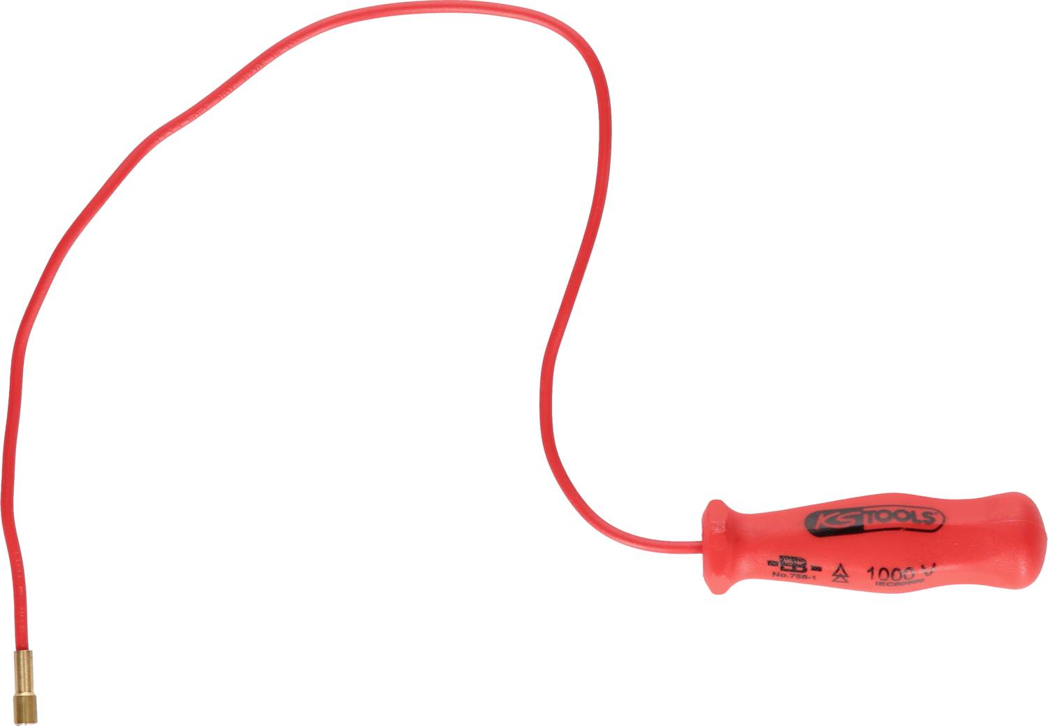 Červený elektrický skúšobný skrutkovač s dlhým káblom a plastovou rukoväťou, označený značkou 'KS Tools'.
