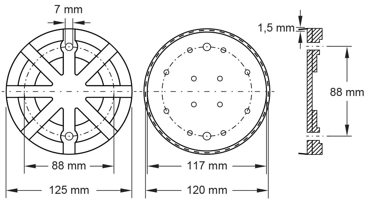 Technický výkres guľovitého komponentu s rozmermi: priemer 88 mm, výška 117 mm. Prierezový pohľad znázorňuje hrúbku 1,5 mm.