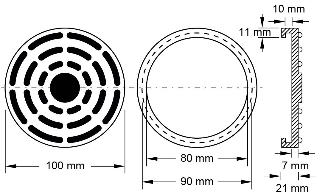 Konštrukčný výkres okrúhleho kanalizačného poklopu. Priemer 100 mm. Detailné rozmery poklopu a jeho strán sú vyznačené.