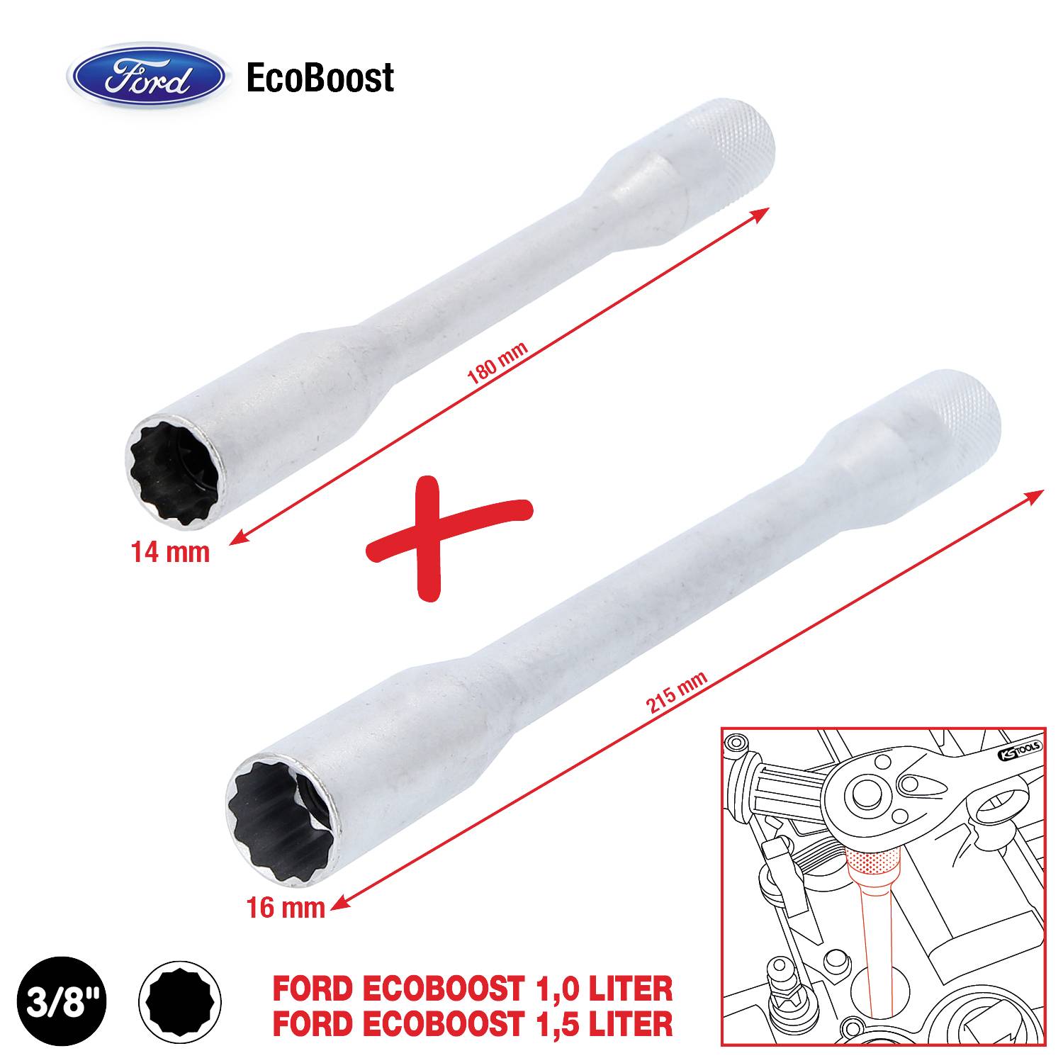 'Ford EcoBoost kľúč so 14 mm a 16 mm nástavcami, dlhý 180 mm a 235 mm, určený pre 1,0 a 1,5-litrové motory.'