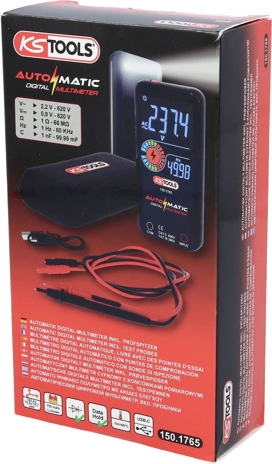 Multimeter v balení od KS Tools s displejom. Obsahuje káble a ochranný obal. Viditeľné detaily produktu a technické špecifikácie.