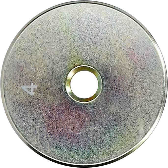 Kovový disk s centrálnym otvorom a číslom '4' na povrchu. Farby sa lesknú v závislosti od dopadu svetla.