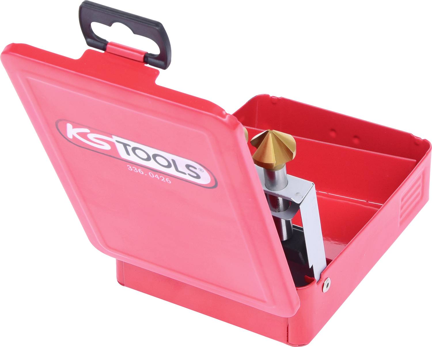 Červená priehradka na náradie, mierne otvorená, odhaľuje kovový frézer so zlatým kužeľom na hrote. Škatuľa nesie logo 'KS TOOLS'.