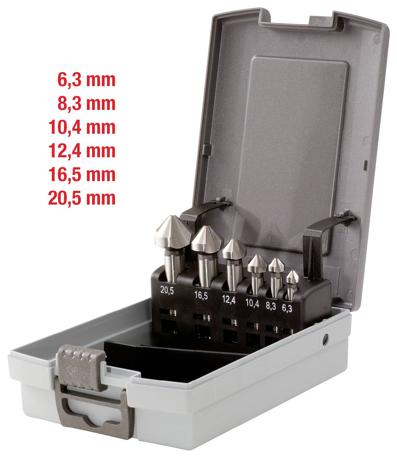 Sada šiestich záhlbníkov v otvorenej krabici, rozmerové údaje zľava doprava: '20,5 mm', '16,5 mm', '12,4 mm', '10,4 mm', '8,3 mm', '6,3 mm'.