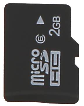Čierna 2GB microSD pamäťová karta s vytlačeným textom a symbolmi.