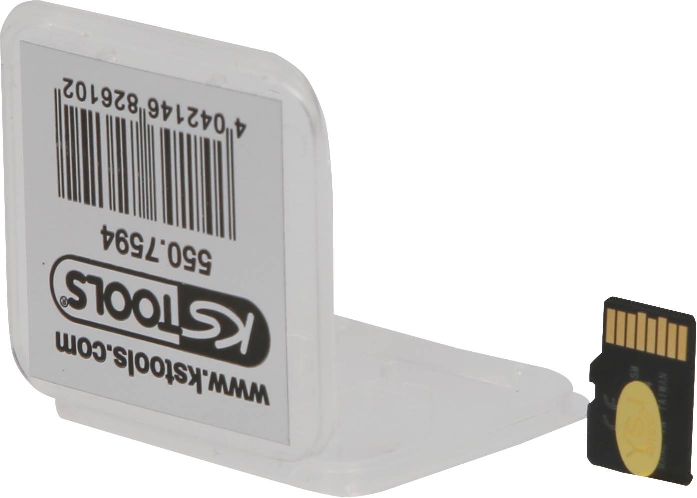 Malá čierna microSD karta sa opiera o priehľadný plastový držiak s čiarovým kódom a textom 'KS Tools'.