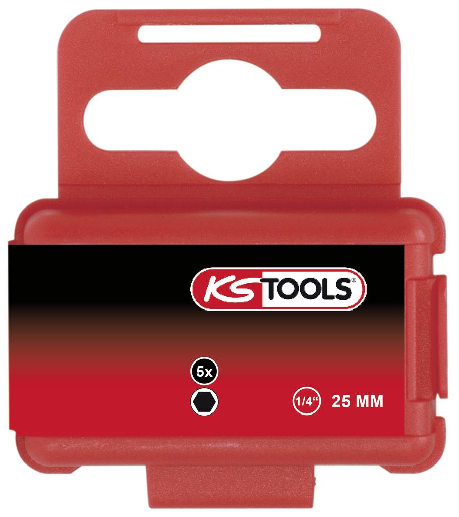 Červený plastový kryt pre nástrčný kľúč, označený ako 'KS Tools', veľkosť 25 mm, 5x indikátor pre 1/4" štvorec.