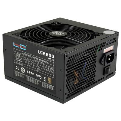 'LC6650 V2.3' Počítačový napájací zdroj s ventilátorom a elektrickým pripojením, technický dátový štítok, zobrazenie modelu ATX12V V2.3.