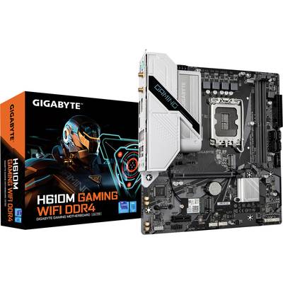 Gigabyte H610M herná základná doska s WiFi DDR4. Na obrázku je základná doska vedľa obalu so futuristickým robotom.