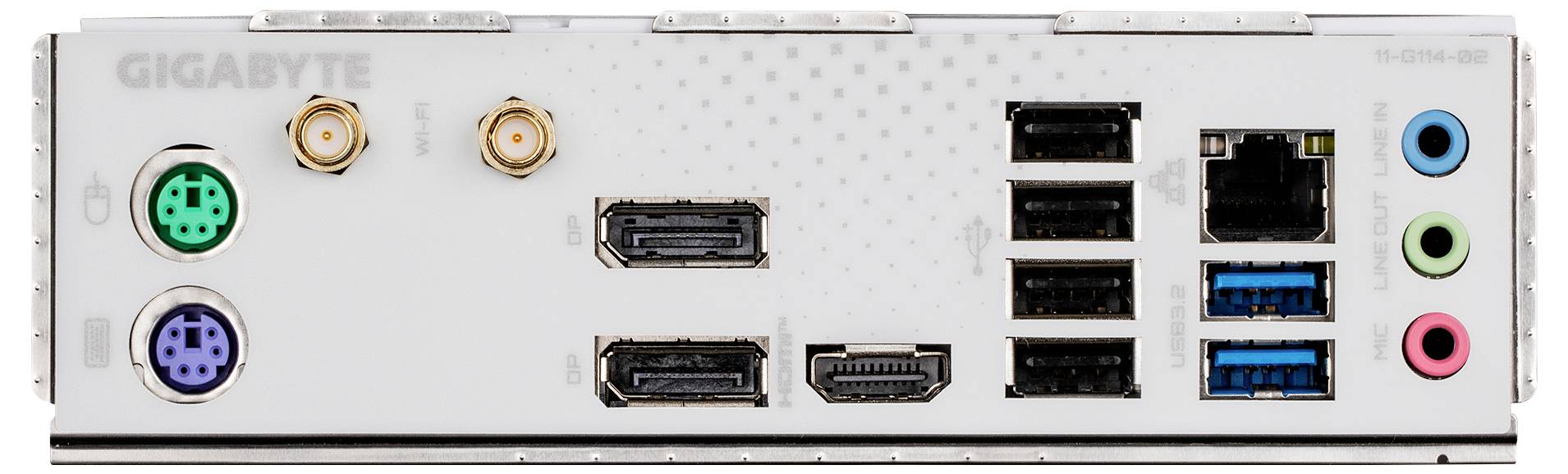 Zadná strana počítačovej základnej dosky s viacerými možnosťami pripojenia: PS/2, HDMI, USB, Ethernet a audio konektory.