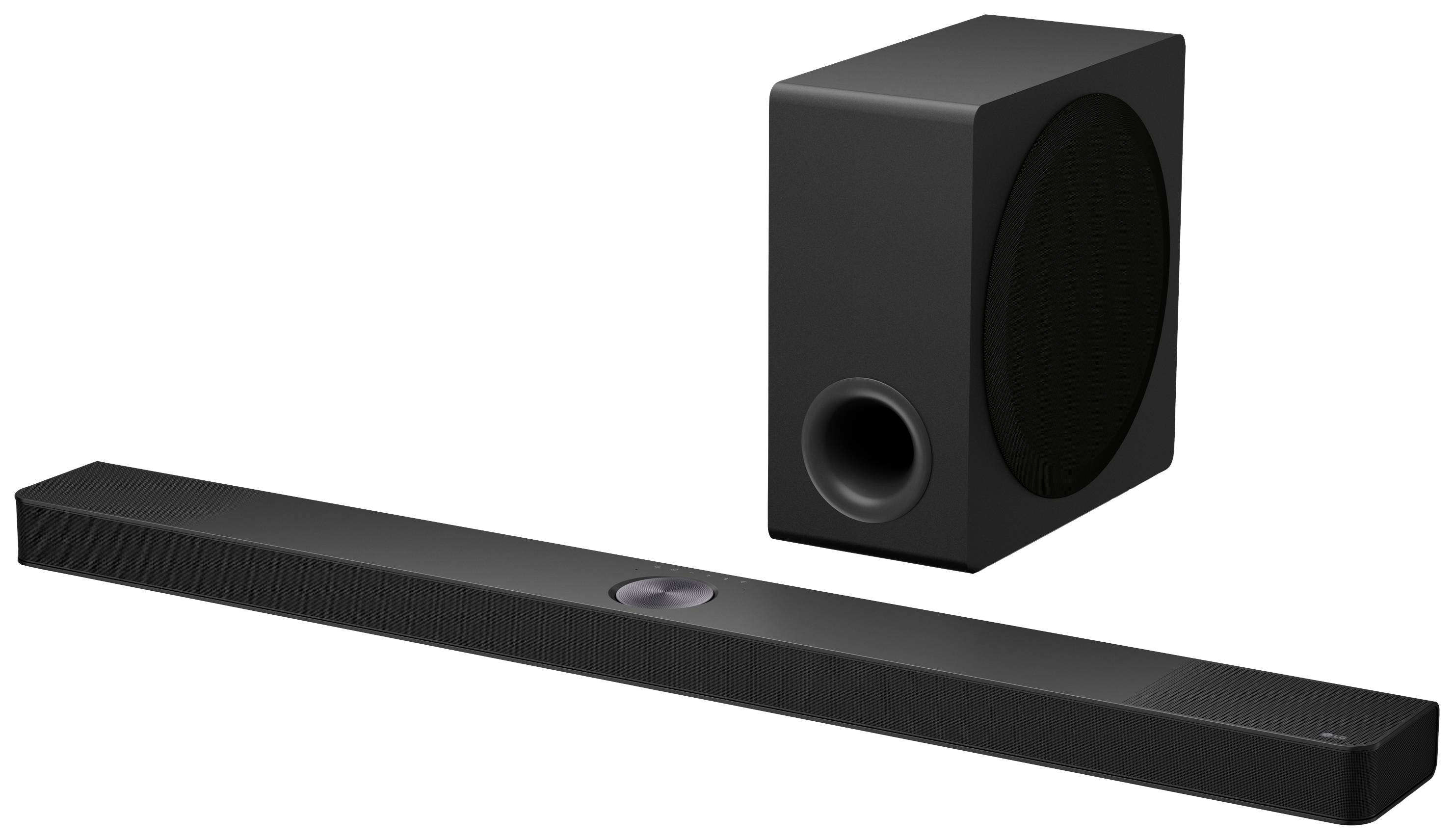 Soundbar s subwooferom na bielom pozadí; moderný a štíhly dizajn; vhodný pre domáce kino a hudbu; bezdrôtovo prepojiteľný.