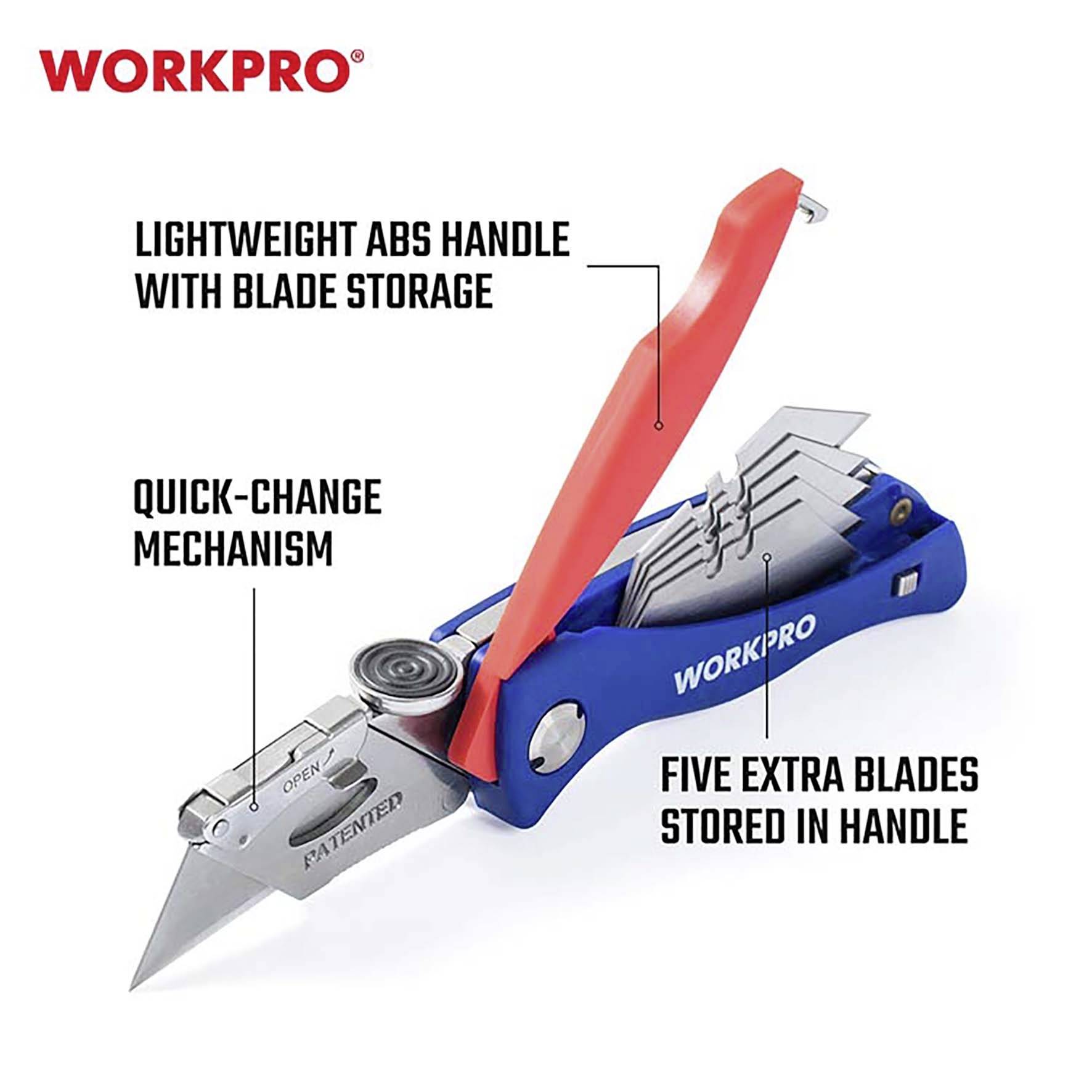 Pracovný nôž značky WORKPRO s červeným držadlom a piatimi prídavnými čepeľami vnútri držadla. Disponuje rýchlym mechanizmom výmeny čepele.