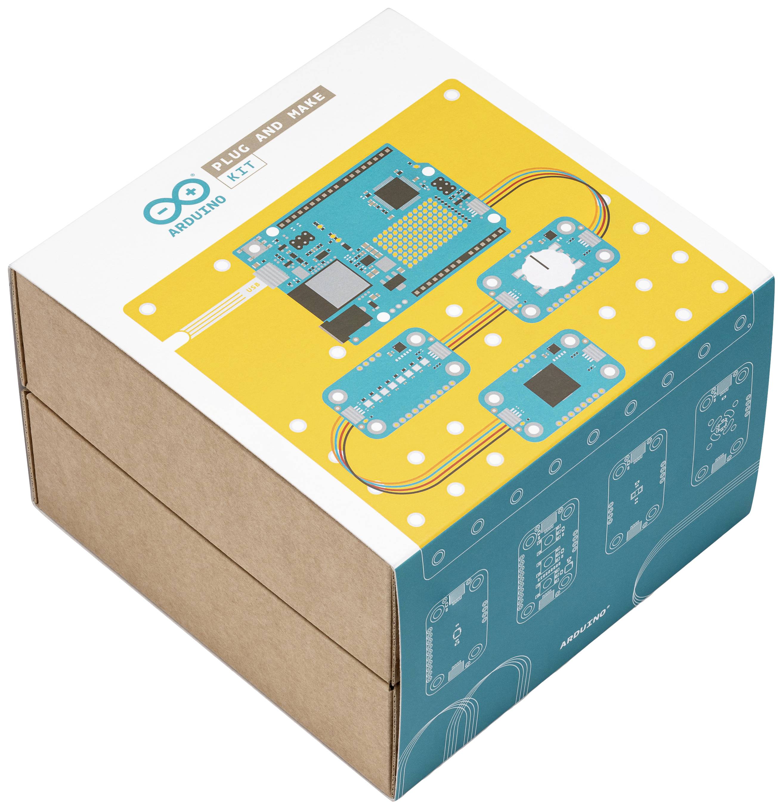 Arduino elektronická stavebnica s obrázkami mikroradičov a elektronických obvodov na žltom pozadí, s nápisom 'Plug and Make Kit'.