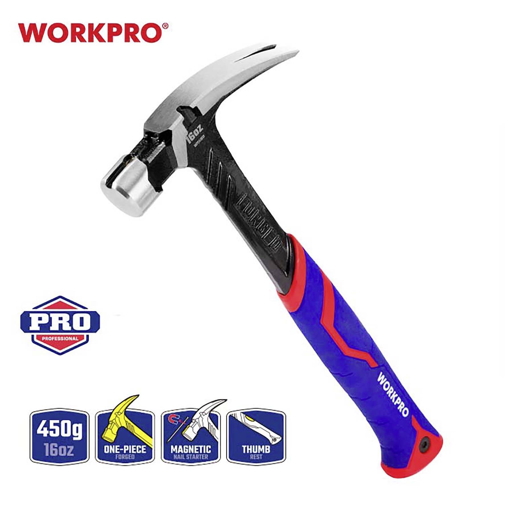 Zobrazenie kladiva značky 'Workpro' s ergonomickou rukoväťou, magnetickým držiakom klincov a údajmi o hmotnosti a materiáli.