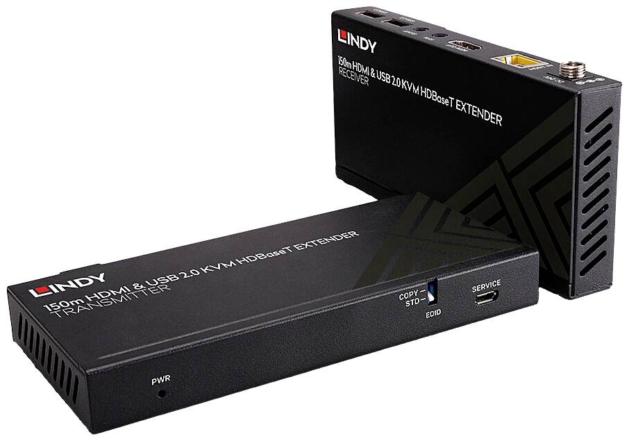 Dva čierne predlžovacie HDMI adaptéry Lindy. Jeden je označený ako vysielač, druhý ako prijímač. Sú obdĺžnikového tvaru a sú navrhnuté na predĺženie kábla.