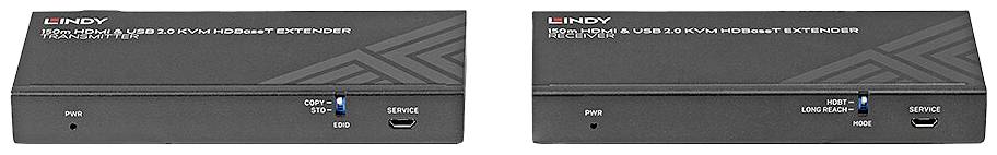 Dva čierne zariadenia na prenos dát od spoločnosti LINDY s HDMI a USB konektormi, každé s indikátormi napájania a linkovej LED.