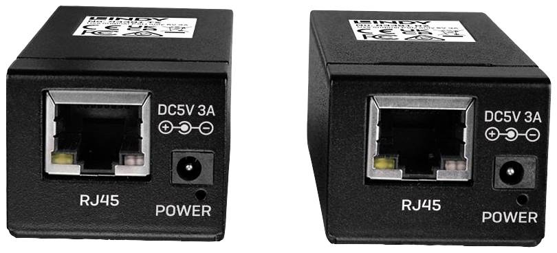 Dva čierne sieťové adaptéry s RJ45 konektormi a DC vstupmi, označené nápisom 'DC5V 3A' a 'POWER'.