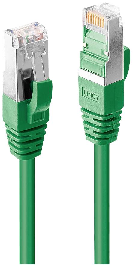 Dva zelené sieťové káble s RJ45 konektormi pre ethernetové pripojenia. Pravý konektor má viditeľný kovový kryt.